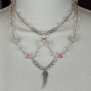 Angel themed fairycore style beaded necklace Rose Quartz and glass pink/clear